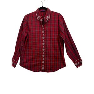 Karen Scott Sport Women Red Plaid Snowflake Embroidered Button Down Shirt Size S